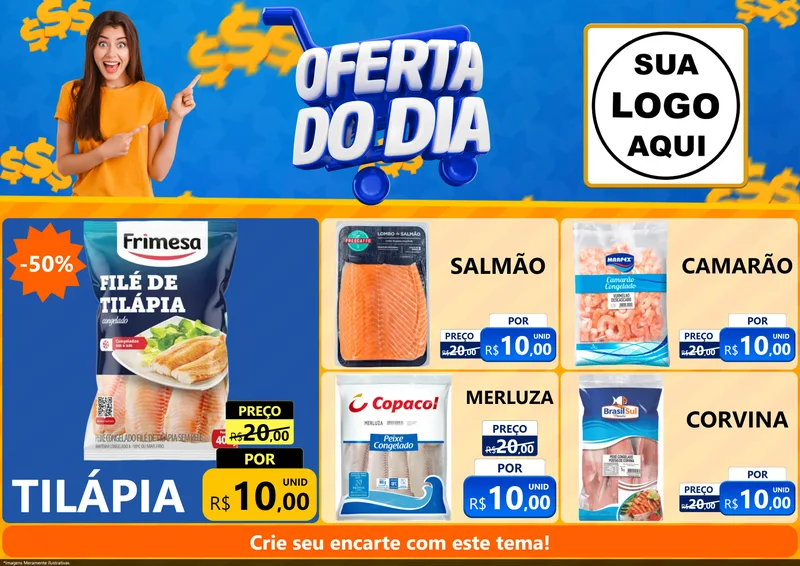 Modelo de Encarte para Encarte A4 Horizontal com o tema Oferta do Dia para Peixaria