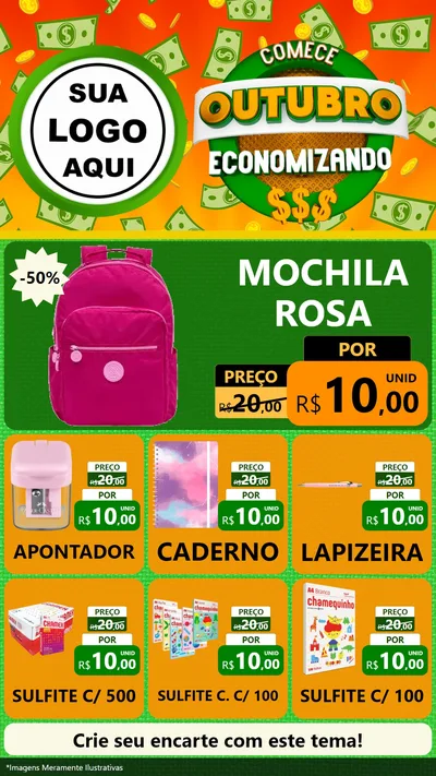 Modelo de Rede Social para Stories com o tema Comece Outubro Economizando para Papelaria