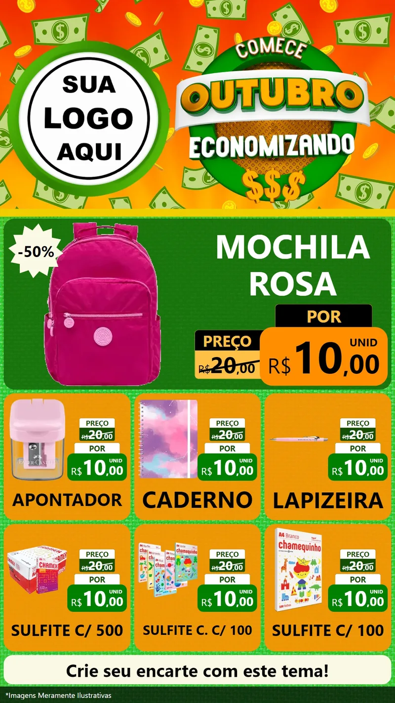Modelo de Rede Social para Stories com o tema Comece Outubro Economizando para Papelaria