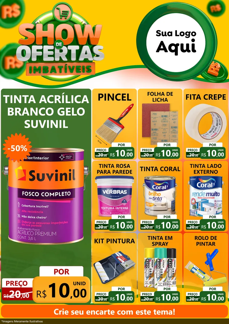 Modelo de Encarte para Encarte A4 Vertical com o tema Show de Ofertas Imbatíveis para Tintas e Ferramentas