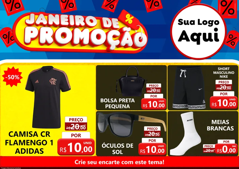 Modelo de Encarte para Encarte A4 Horizontal com o tema Janeiro de Promoção para Roupas e acessórios