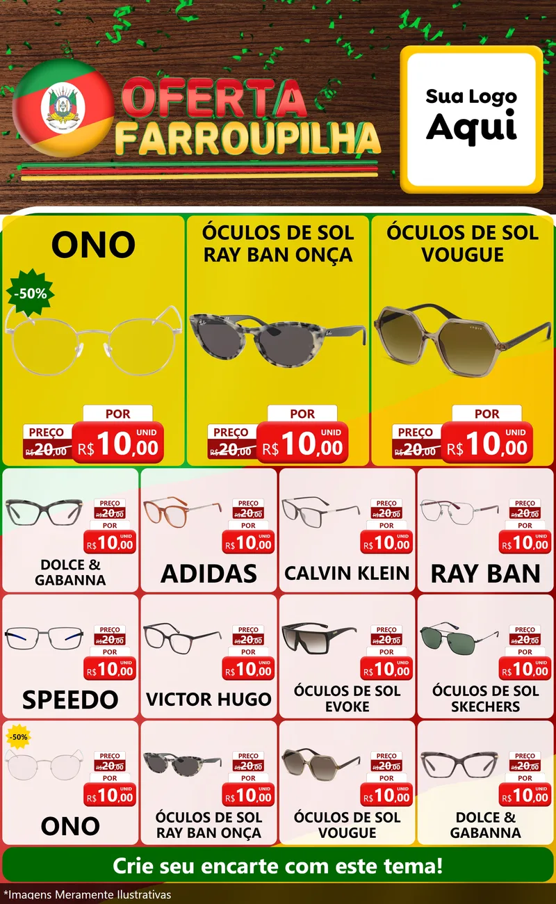 Modelo de Encarte para Encarte Grande com o tema Oferta Farroupilha para Óticas