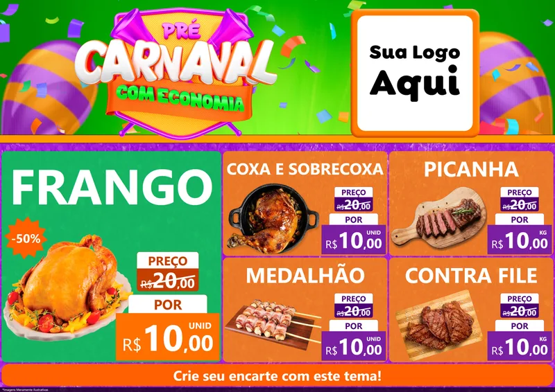 Modelo de Encarte para Encarte A4 Horizontal com o tema Pré-Carnaval Com Economia para Assados