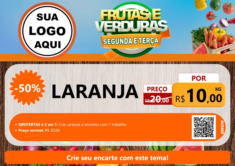 Modelo de Cartaz para Cartaz A4 Horizontal com o tema Frutas e Verduras Segunda e Terça para Hortifrúti
