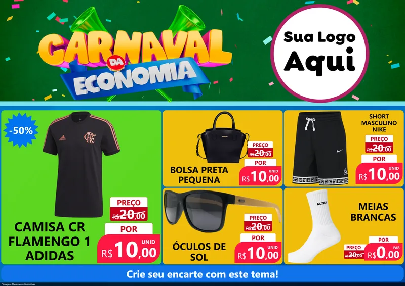 Modelo de Encarte para Encarte A4 Horizontal com o tema Carnaval da Economia para Roupas e acessórios