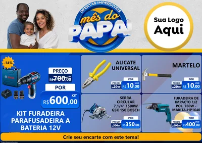 Modelo de Encarte para Encarte A4 Horizontal com o tema Ofertas Imperdíveis Mês Do Papai para Maquinas e Ferramentas