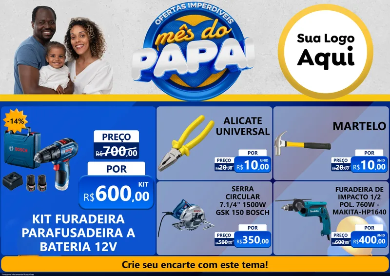 Modelo de Encarte para Encarte A4 Horizontal com o tema Ofertas Imperdíveis Mês Do Papai para Maquinas e Ferramentas