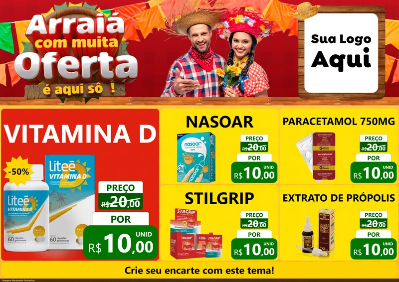 Modelo de Encarte para Encarte A4 Horizontal com o tema Arraiá Com Muita Oferta - É Aqui Sô! para Farmácia