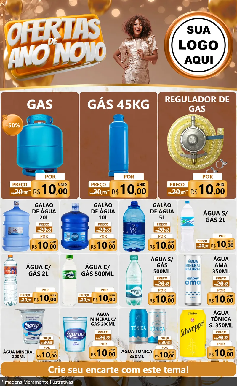 Modelo de Encarte para Encarte Grande com o tema Ofertas de Ano Novo para Água e gás