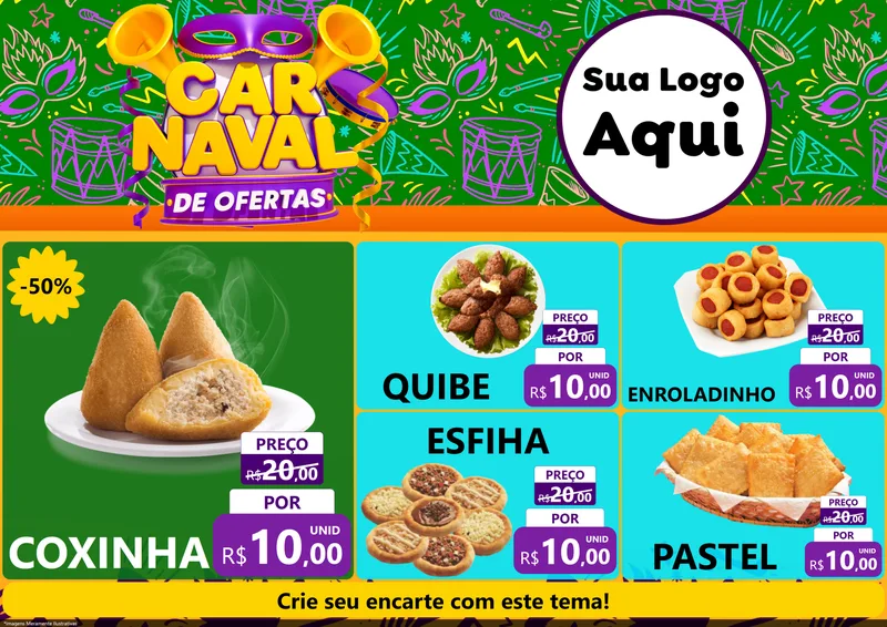Modelo de Encarte para Encarte A4 Horizontal com o tema Carnaval de Ofertas para Salgadaria
