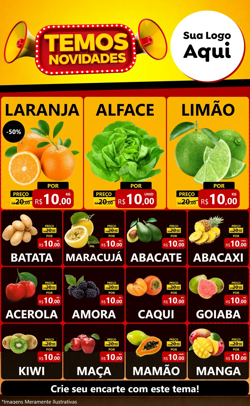 Modelo de Encarte para Encarte Grande com o tema Temos Novidades para Hortifrúti