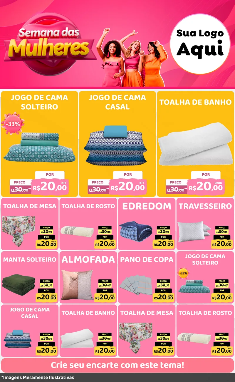 Modelo de Encarte para Encarte Grande com o tema Semana das Mulheres para Cama, Mesa e Banho