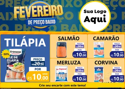 Modelo de Encarte para Encarte A4 Horizontal com o tema Fevereiro de Preço Baixo para Peixaria