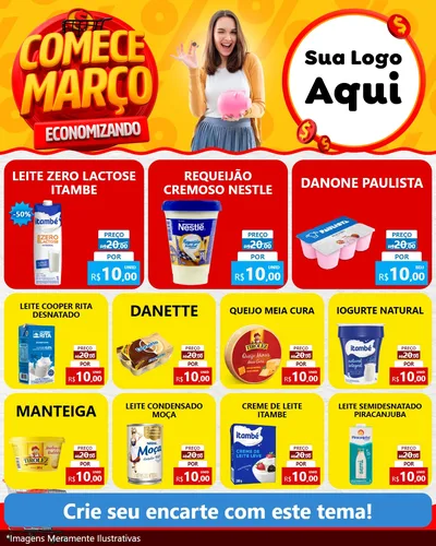 Modelo de Rede Social para Feed Instagram com o tema Comece Março Economizando para Frios e Laticínios