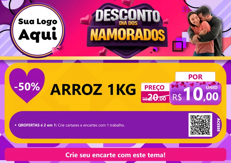 Modelo de Cartaz para Cartaz A4 Horizontal com o tema Desconto Dia dos Namorados para Supermercado