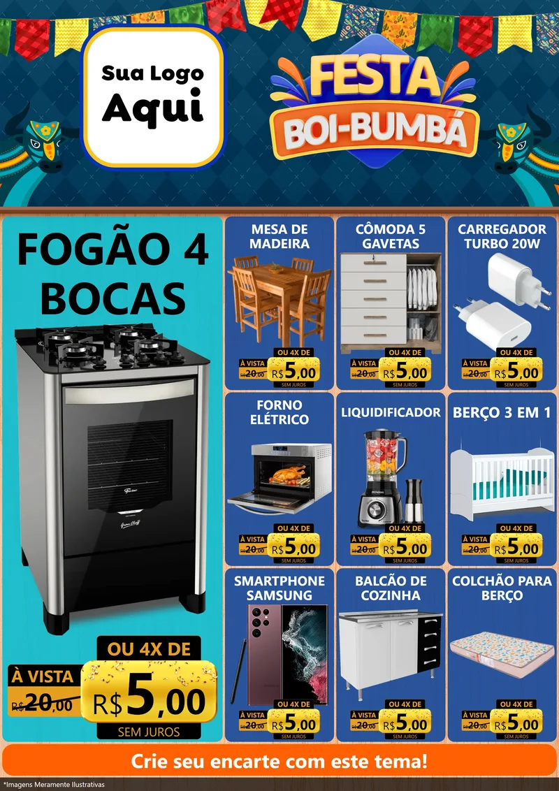 Modelo de Encarte para Encarte A4 Vertical com o tema Festa Boi Bumbá para Móveis e Eletro
