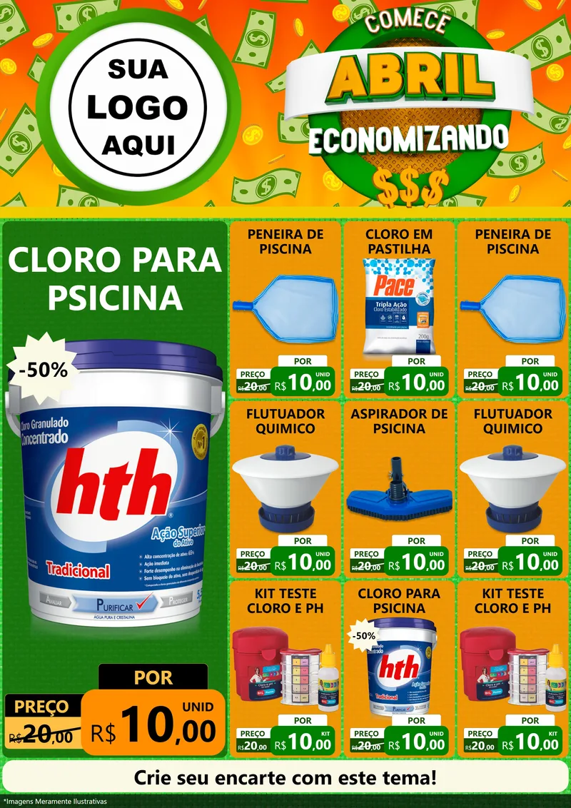 Modelo de Encarte para Encarte A4 Vertical com o tema Comece Abril Economizando para Produtos para Piscina