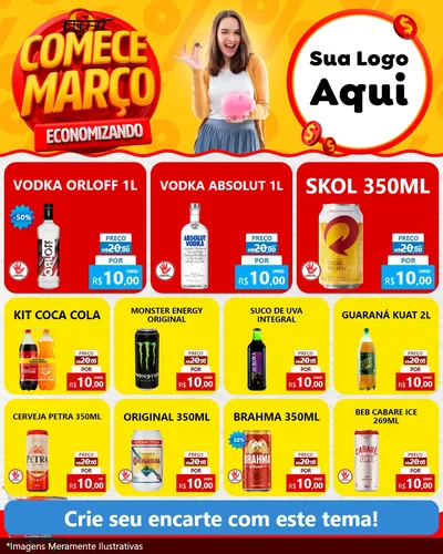 Modelo de Rede Social para Feed Instagram com o tema Comece Março Economizando para Distribuidora de bebidas