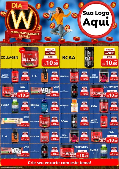 Modelo de Encarte para Encarte A4 Vertical com o tema Dia W - O Dia Mais Barato Do Mês para Suplementos alimentares