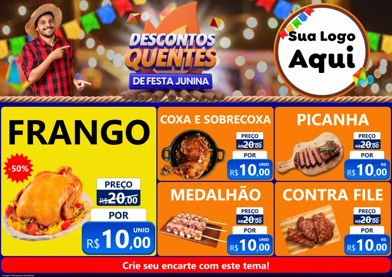 Modelo de Encarte para Encarte A4 Horizontal com o tema Descontos Quentes de Festa Junina para Assados