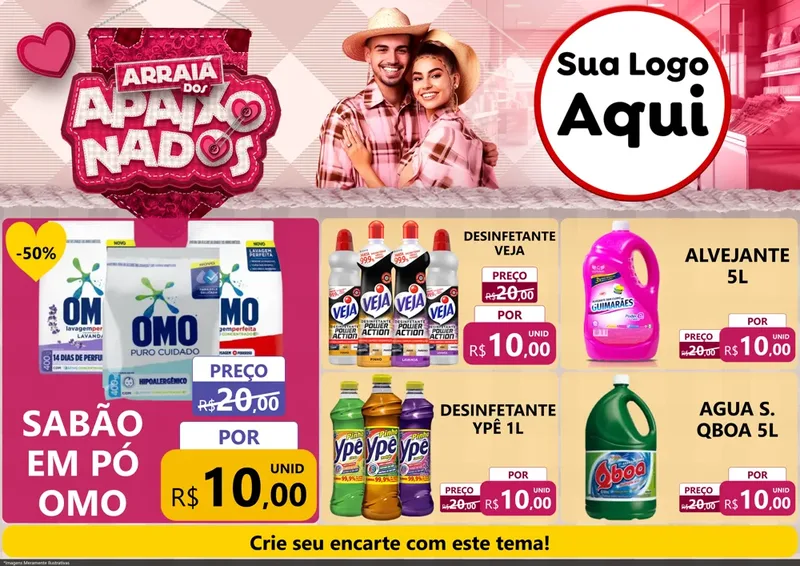 Modelo de Encarte para Encarte A4 Horizontal com o tema Arraiá dos Apaixonados - Junina para Produtos de Limpeza