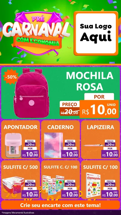 Modelo de Rede Social para Stories com o tema Pré-Carnaval Com Economia para Papelaria
