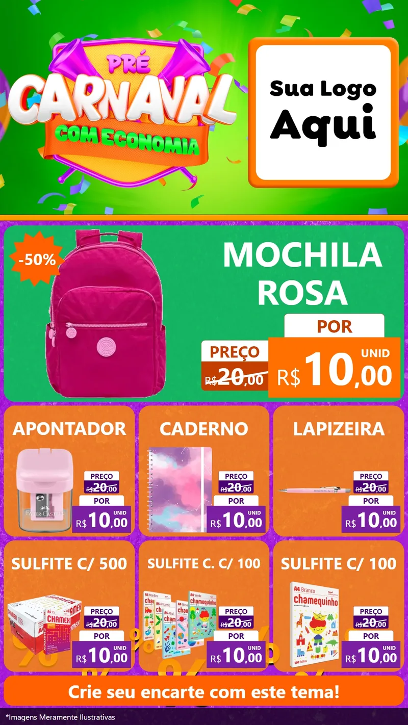 Modelo de Rede Social para Stories com o tema Pré-Carnaval Com Economia para Papelaria