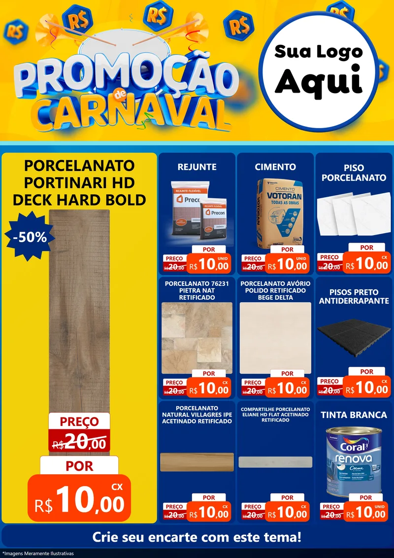 Modelo de Encarte para Encarte A4 Vertical com o tema Promoção de Carnaval para Pisos e revestimentos