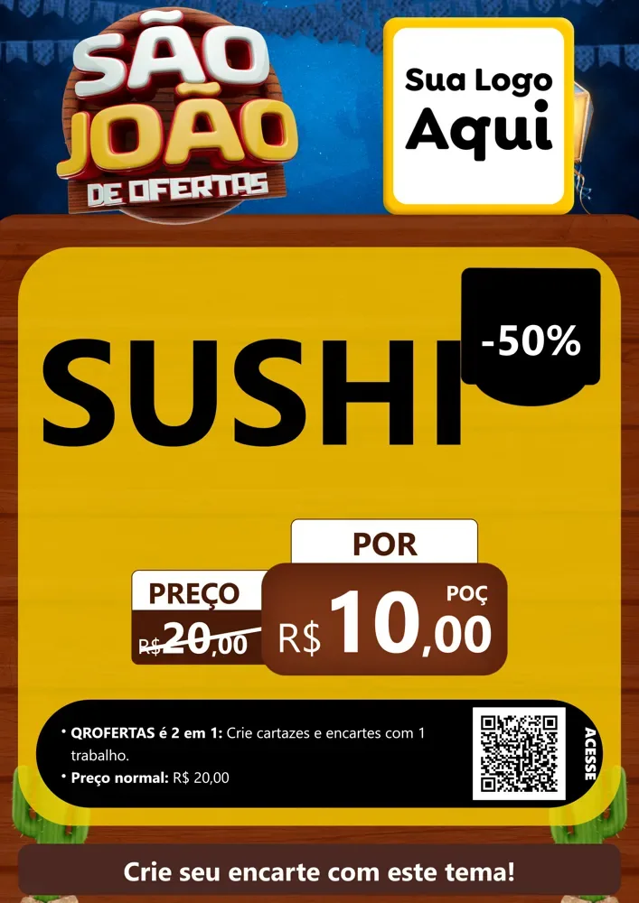 Modelo de Cartaz para Cartaz A4 Vertical com o tema São João Ofertas Imbatíveis! - Junina para Comida japonesa