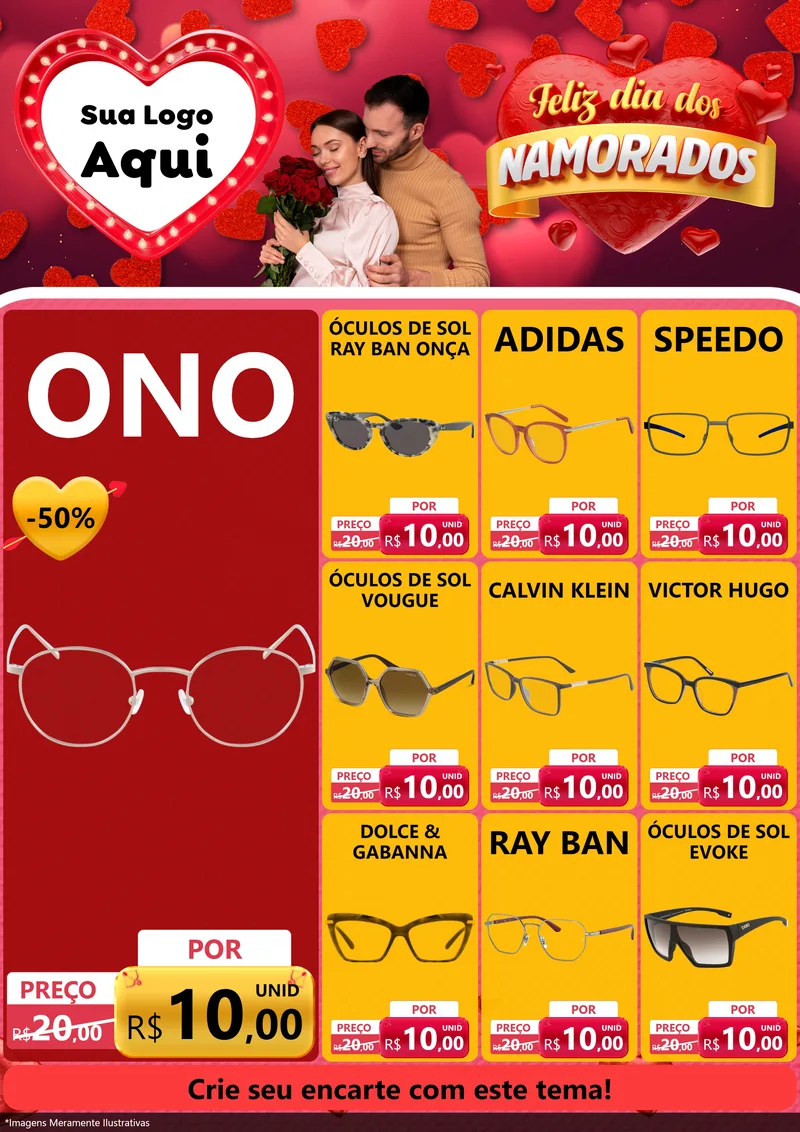 Modelo de Encarte para Encarte A4 Vertical com o tema Feliz Dia Dos Namorados para Óticas