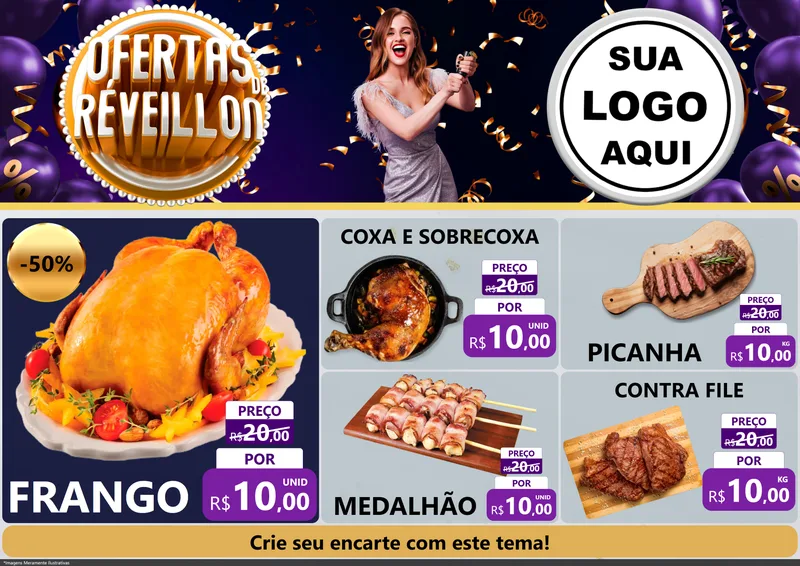 Modelo de Encarte para Encarte A4 Horizontal com o tema Ofertas de Réveillon para Assados