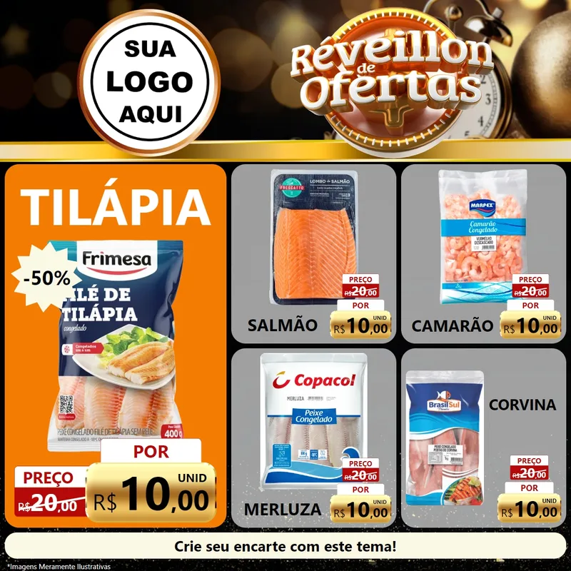 Modelo de Rede Social para Feed Facebook com o tema Réveillon de Ofertas para Peixaria
