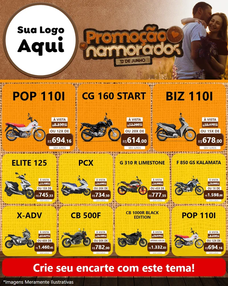 Modelo de Rede Social para Feed Instagram com o tema Promoção Namorados para Concessionaria de Motos