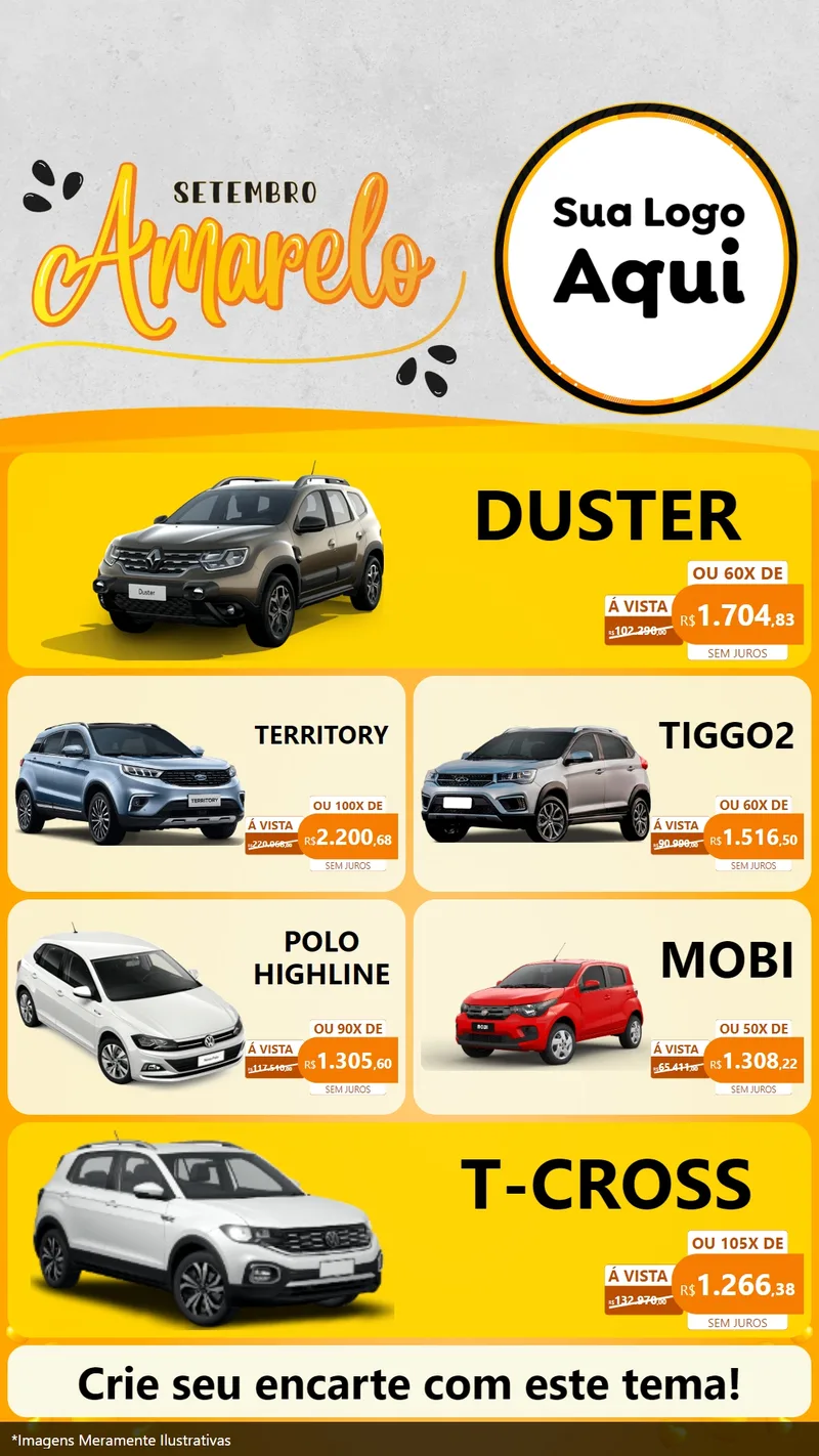 Modelo de TV para TV Vertical com o tema Setembro Amarelo para Concessionaria de Carros