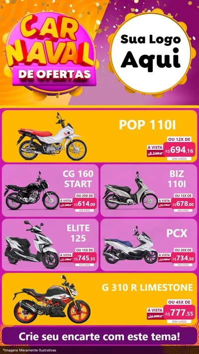 Modelo de TV para TV Vertical com o tema Carnaval de Ofertas para Concessionaria de Motos