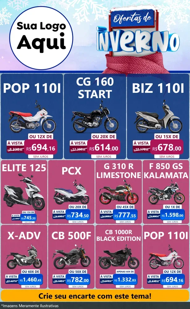 Modelo de Encarte para Encarte Grande com o tema Ofertas de Inverno para Concessionaria de Motos