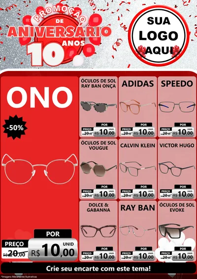 Modelo de Encarte para Encarte A4 Vertical com o tema Promoção de Aniversário - 10 Anos para Óticas