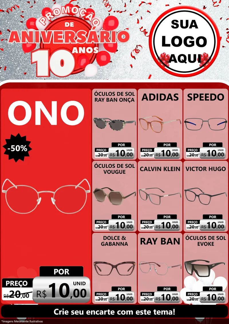 Modelo de Encarte para Encarte A4 Vertical com o tema Promoção de Aniversário - 10 Anos para Óticas