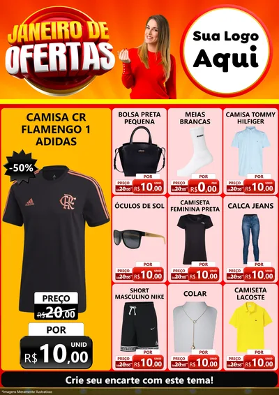 Modelo de Encarte para Encarte A4 Vertical com o tema Janeiro de Ofertas para Roupas e acessórios