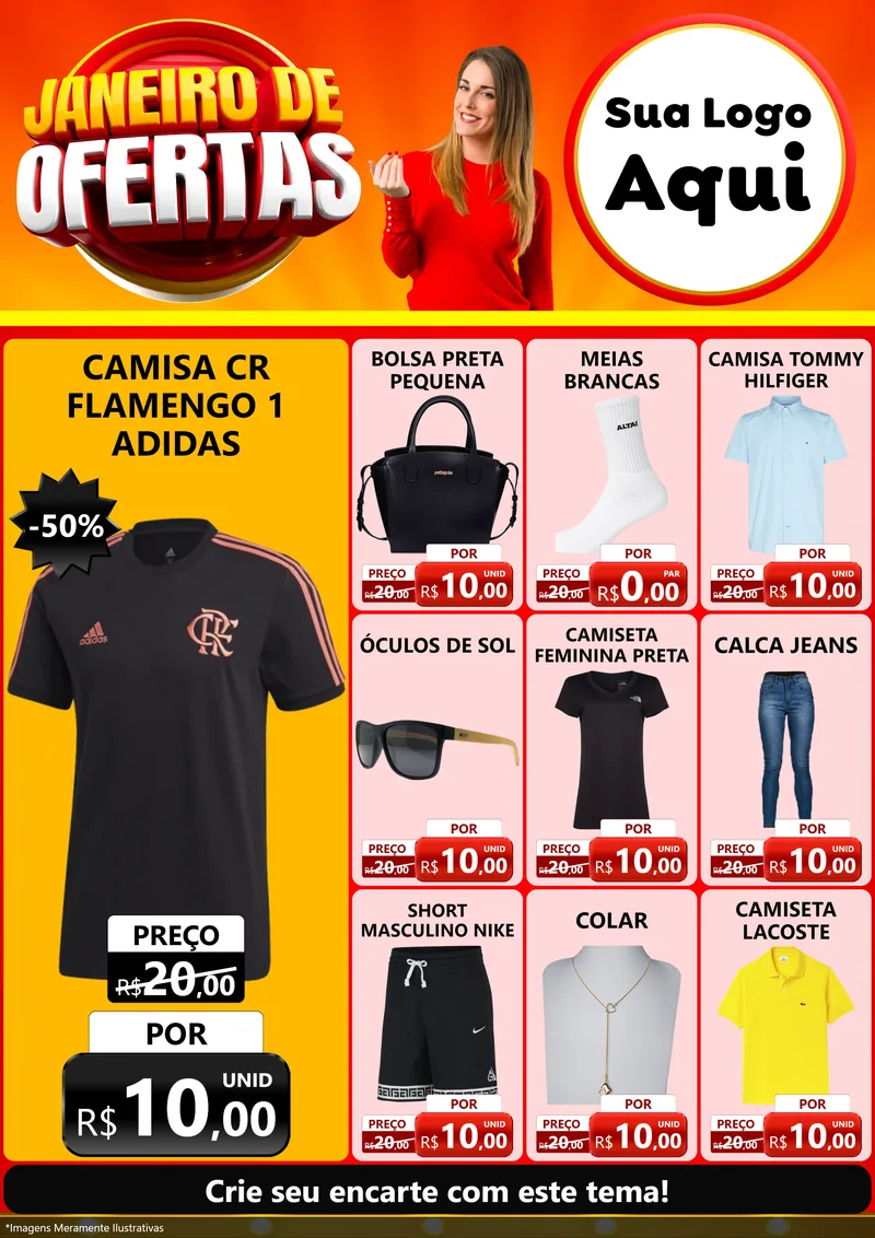 Modelo de Encarte para Encarte A4 Vertical com o tema Janeiro de Ofertas para Roupas e acessórios
