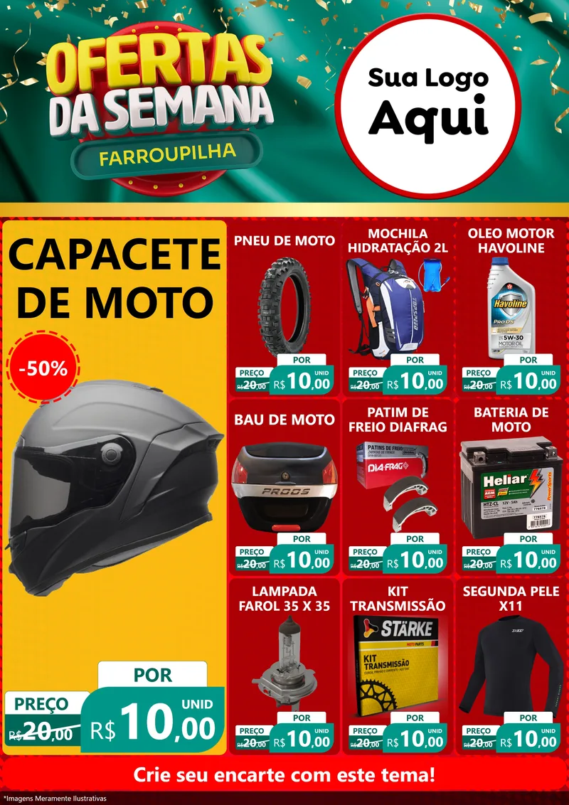 Modelo de Encarte para Encarte A4 Vertical com o tema Ofertas da Semana Farroupilha para Moto peças