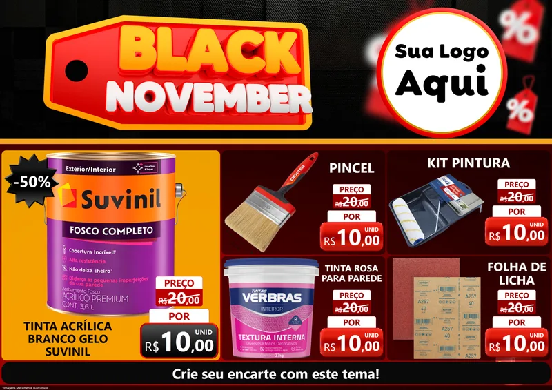 Modelo de Encarte para Encarte A4 Horizontal com o tema Black November para Tintas e Ferramentas