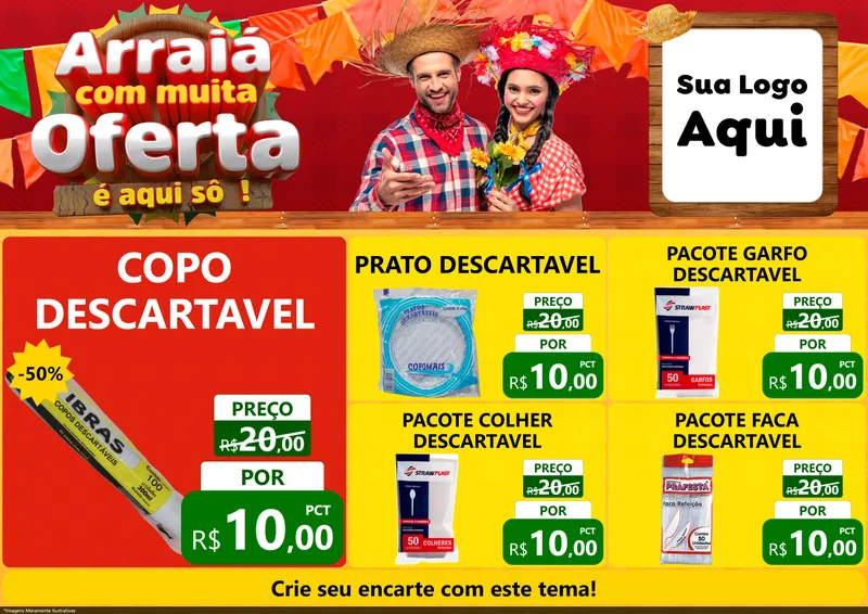 Modelo de Encarte para Encarte A4 Horizontal com o tema Arraiá Com Muita Oferta - É Aqui Sô! para Embalagens