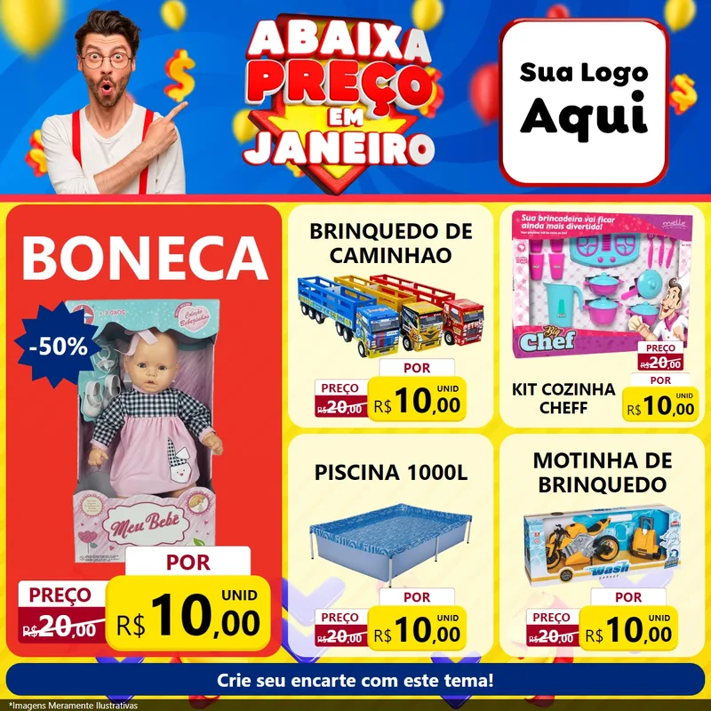 Modelo de Rede Social para Feed Facebook com o tema Abaixa Preço em Janeiro para Brinquedos