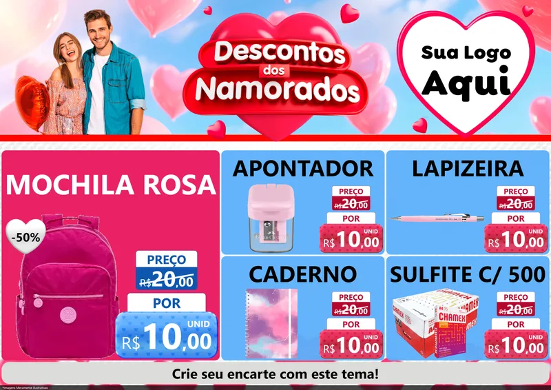 Modelo de Encarte para Encarte A4 Horizontal com o tema Descontos dos Namorados para Papelaria