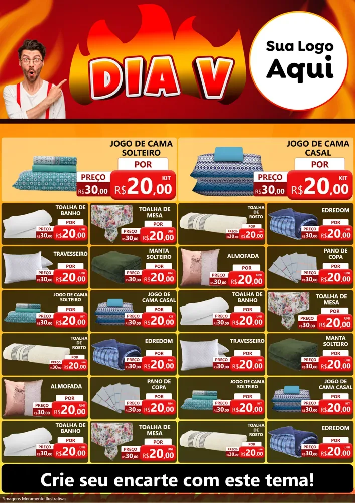 Modelo de Encarte para Encarte A4 Vertical com o tema Dia V para Cama, Mesa e Banho