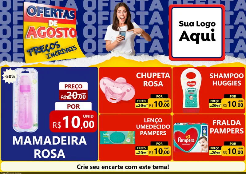 Modelo de Encarte para Encarte A4 Horizontal com o tema Ofertas de Agosto - Preços Incríveis para Bebês