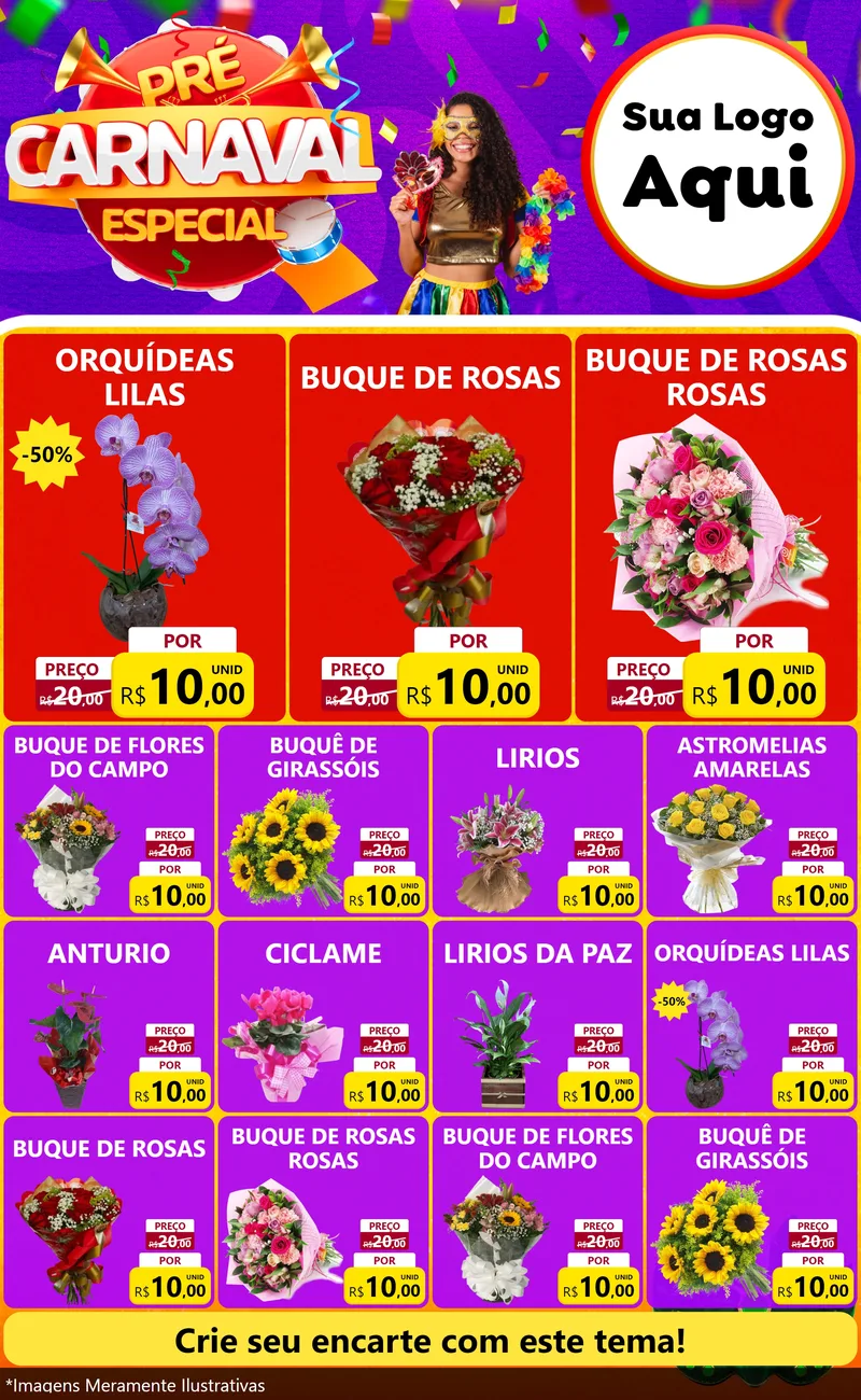 Modelo de Encarte para Encarte Grande com o tema Pré-Carnaval Especial para Floricultura e jardim