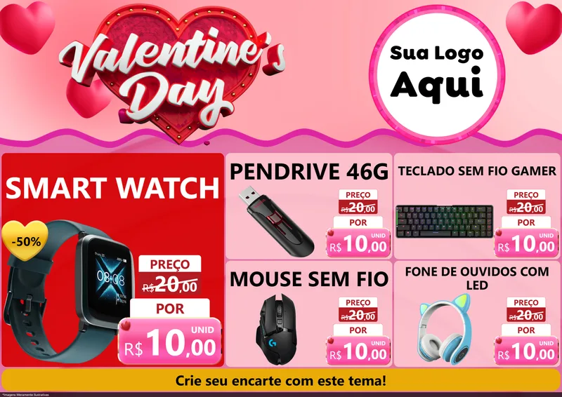 Modelo de Encarte para Encarte A4 Horizontal com o tema Valentine's Day para Informática