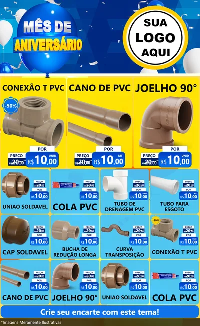 Modelo de Encarte para Encarte Grande com o tema Mês de Aniversário para Tubos e conexões